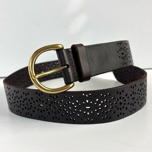 Lucky Brand Boho Dark Brown Gold Buckle Perforated Cut Out‎ Leather Belt XS 37”